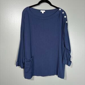 J Jill Women's Blue Minimalist Lagenlook Button Accent Top - Size XLP - Pocket